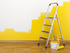 Home Improvement. Ladder, paint can and paint roller near a wall of yellow colour. 3d illustration